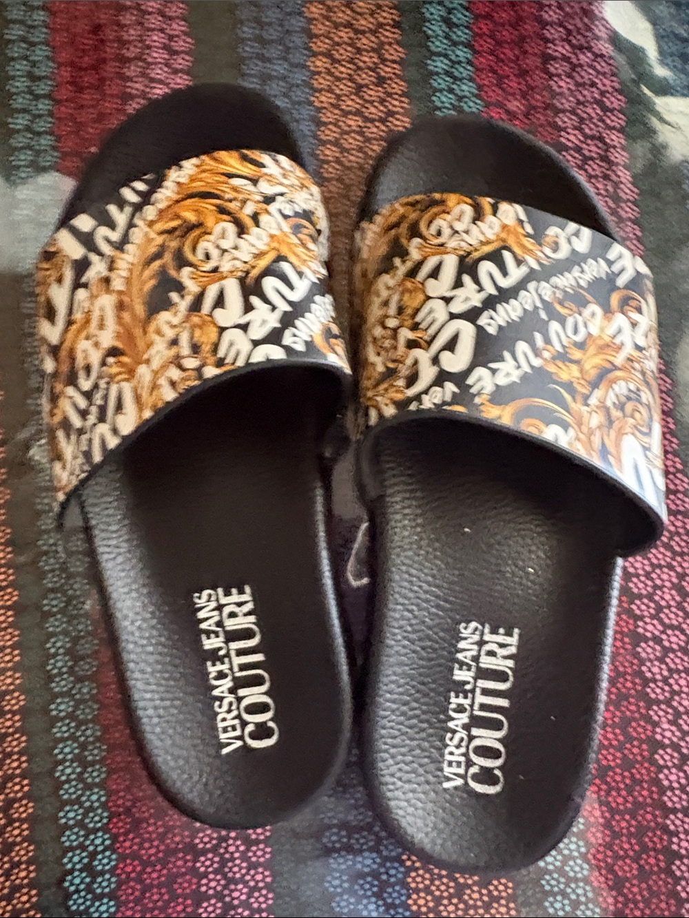 Versace Jeans Collection Black, Gold & White Baroque Slide Sandals